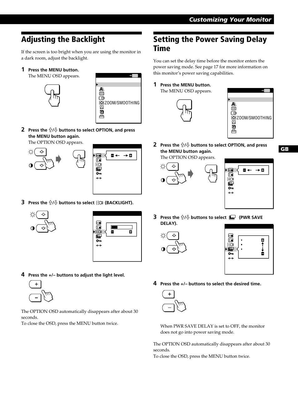 Adjusting the backlight, Setting the power saving delay time, Réglage du rétro-éclairage | Einstellen der hintergrundbeleuchtung, Ajuste de la luz de fondo, Regolazione della retroilluminazione, Getting started customizing your monitor | Sony CPD-L181 User Manual | Page 15 / 96