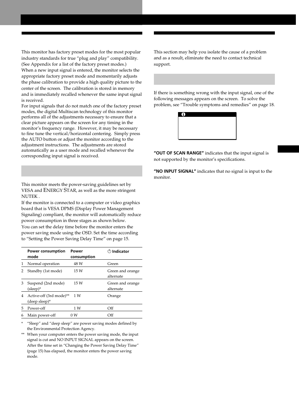 Additional information, Preset and user modes, Troubleshooting | Informations complémentaires, Modes présélectionnés et utilisateur, Dépannage, Weitere informationen, Vordefinierte modi und benutzermodi, Störungsbehebung, Información complementaria | Sony CPD-L181 User Manual | Page 17 / 96