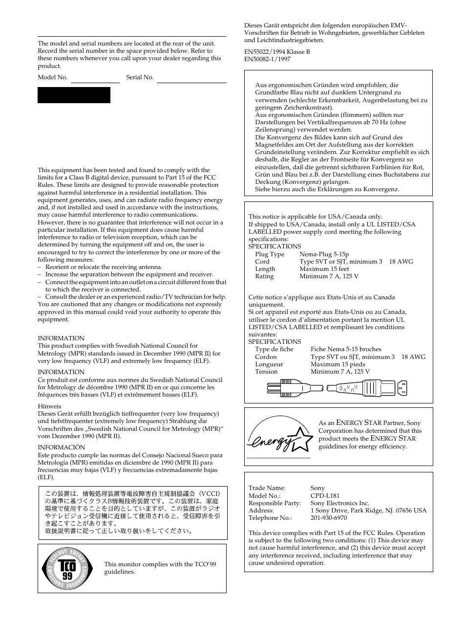 Owner’s record, Warning | Sony CPD-L181 User Manual | Page 2 / 96