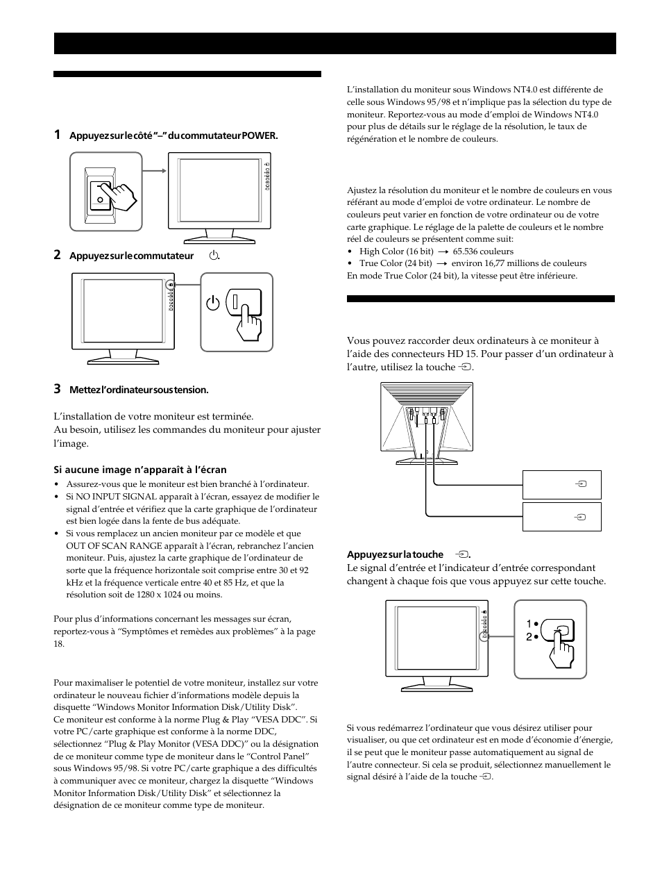 Mise sous tension du moniteur et de l’ordinateur, Sélection du signal d’entrée, Préparation | Sony CPD-L181 User Manual | Page 26 / 96