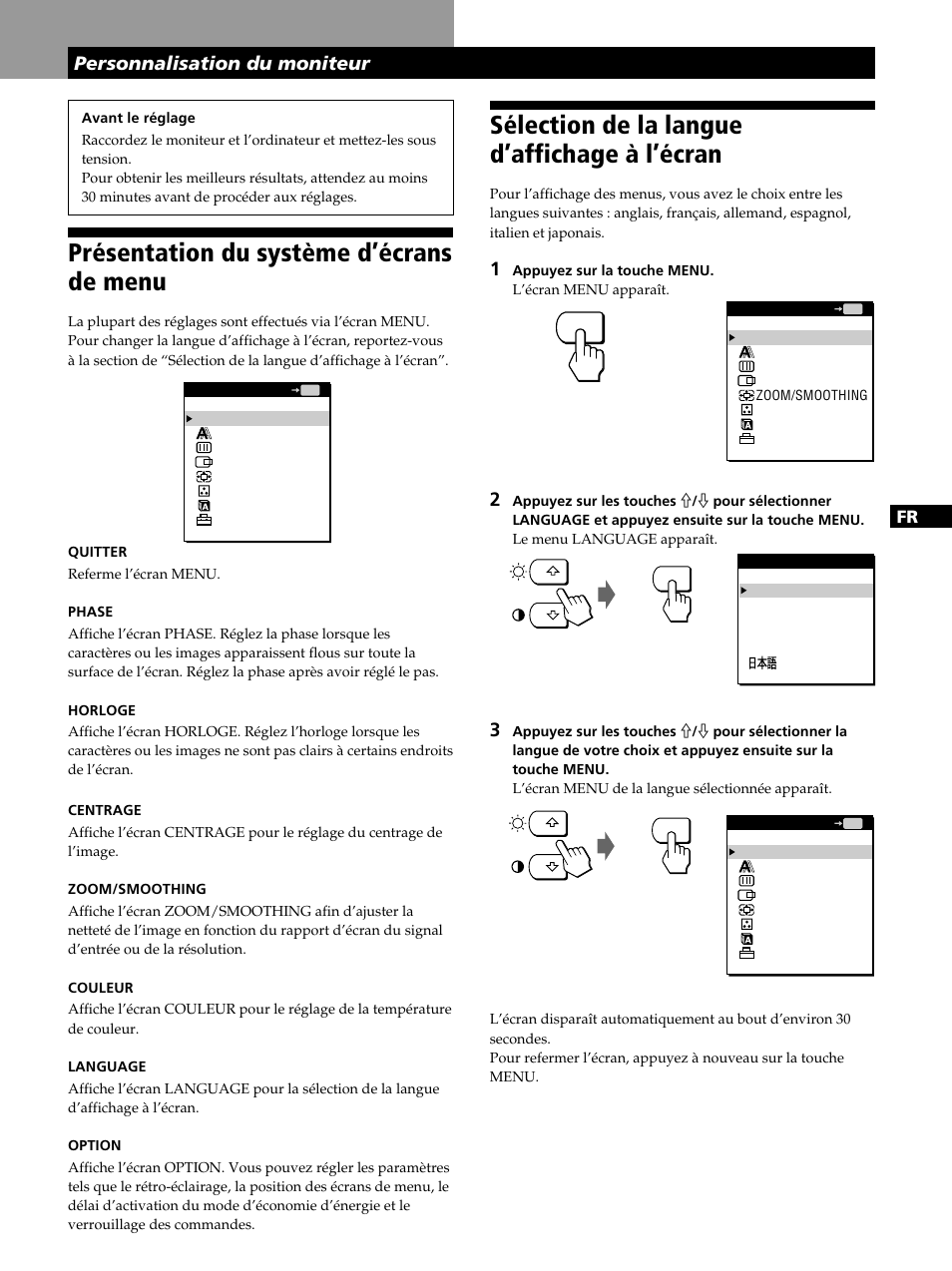 Présentation du système d’écrans de menu, Sélection de la langue d’affichage à l’écran, Personnalisation du moniteur | Sony CPD-L181 User Manual | Page 27 / 96