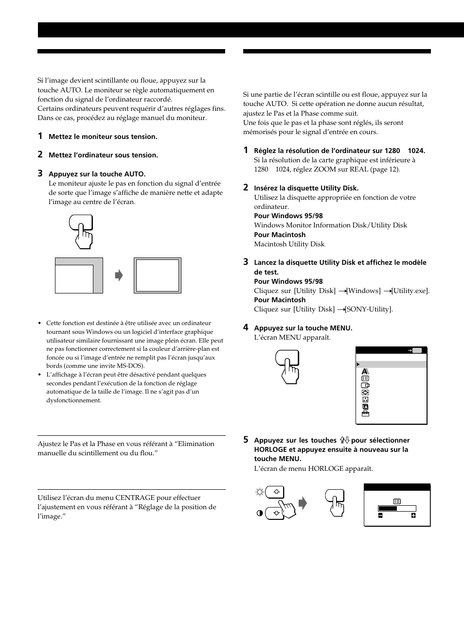 Réglage automatique de l’image, Elimination manuelle du scintillement ou du flou, Personnalisation du moniteur | Sony CPD-L181 User Manual | Page 28 / 96