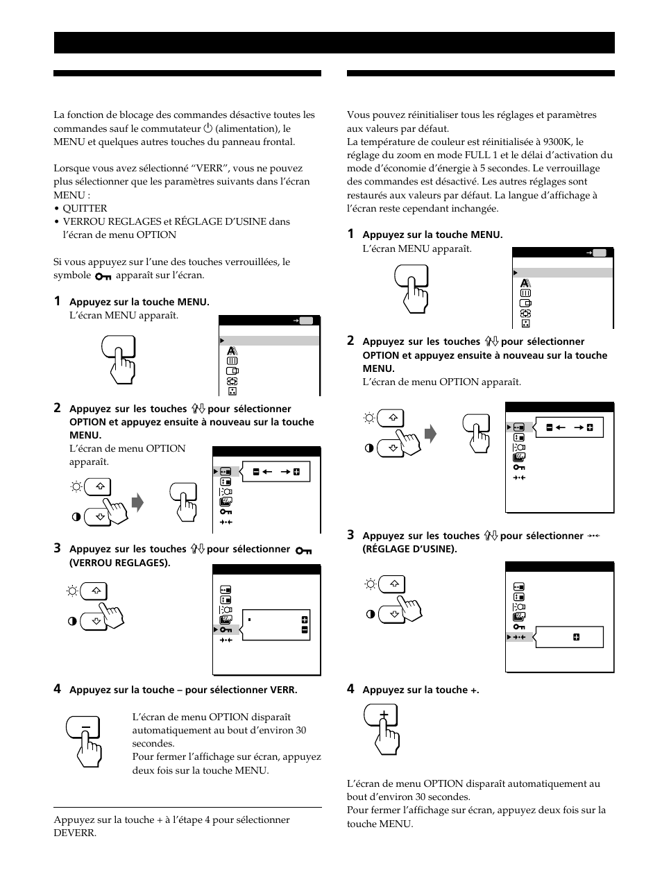 Verrouillage des commandes, Réinitialisation des réglages, Personnalisation du moniteur | Sony CPD-L181 User Manual | Page 34 / 96
