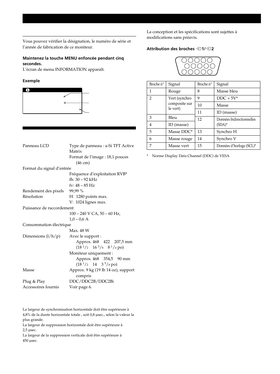 Spécifications, Informations complémentaires | Sony CPD-L181 User Manual | Page 38 / 96