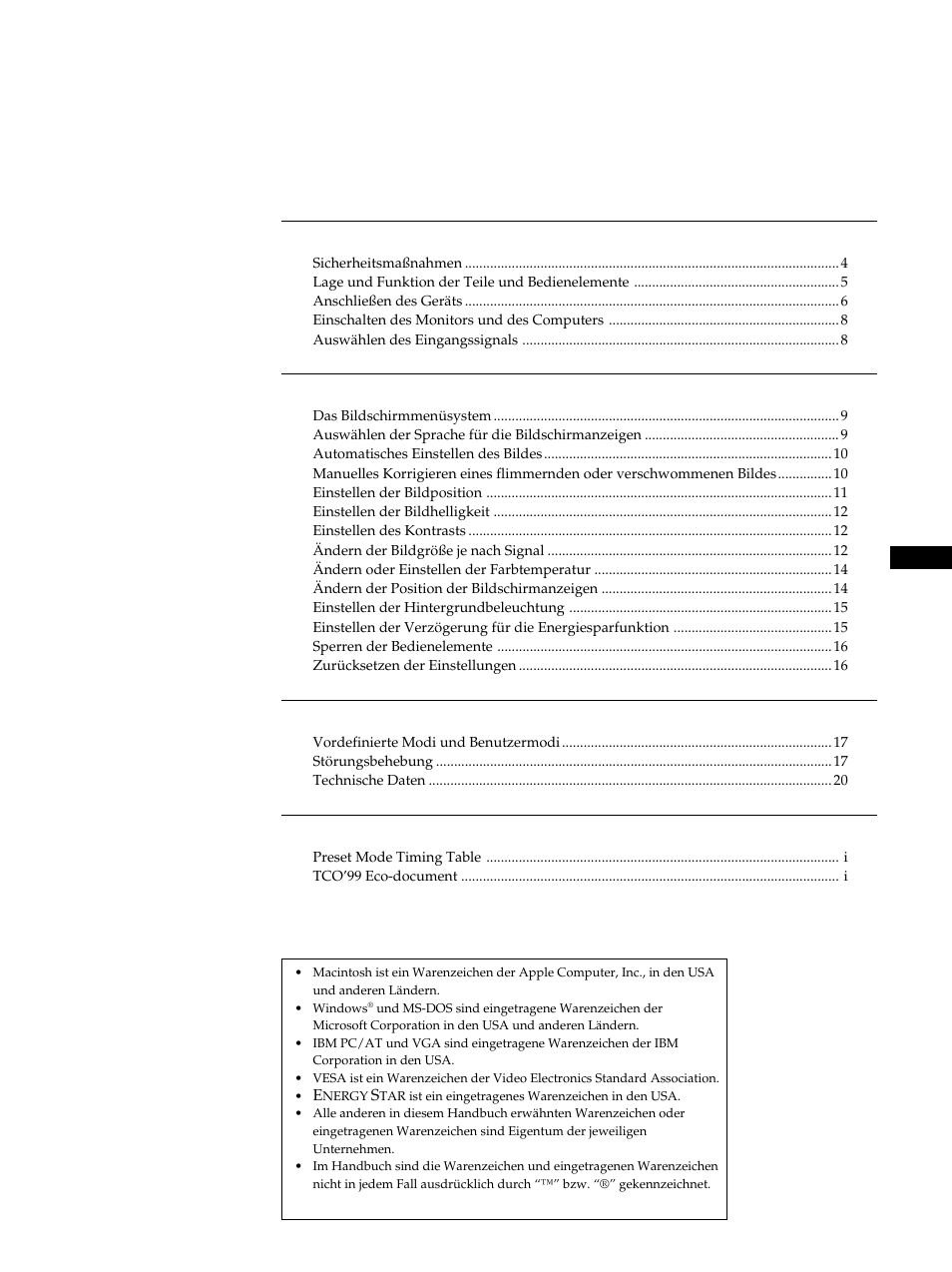 Inhalt, Nhalt, Vorbereitungen | Einstellen des monitors, Weitere informationen, Appendix | Sony CPD-L181 User Manual | Page 39 / 96