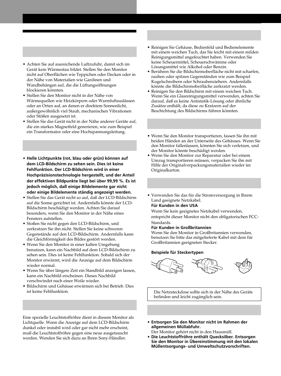 Sicherheitsmaßnahmen, Vorbereitungen, Vorbereitungen wartung | Transport, Warnhinweis zum netzanschluß, Entsorgen des monitors, Installation, Hinweise zum lcd-bildschirm, Austauschen der leuchtstoffröhre | Sony CPD-L181 User Manual | Page 40 / 96