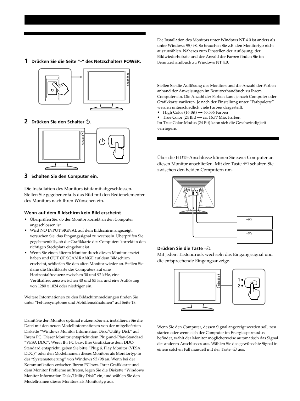 Einschalten des monitors und des computers, Auswählen des eingangssignals, Vorbereitungen | Sony CPD-L181 User Manual | Page 44 / 96