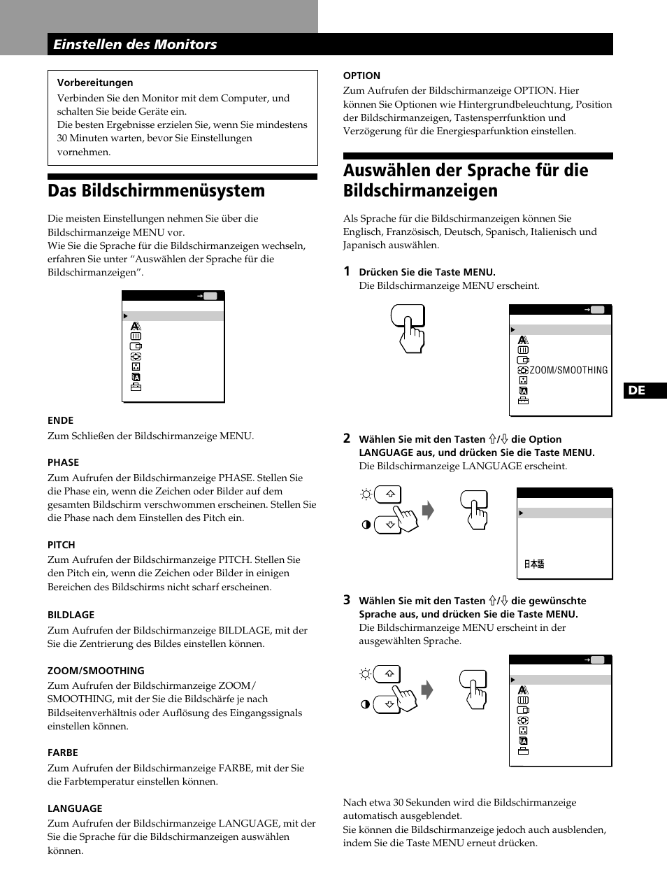 Das bildschirmmenüsystem, Auswählen der sprache für die bildschirmanzeigen, Einstellen des monitors | Sony CPD-L181 User Manual | Page 45 / 96