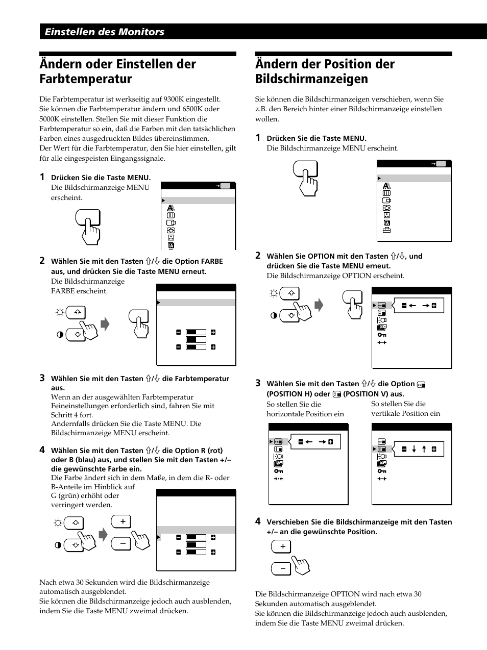 Ändern oder einstellen der farbtemperatur, Ändern der position der bildschirmanzeigen, Einstellen des monitors | Sony CPD-L181 User Manual | Page 50 / 96