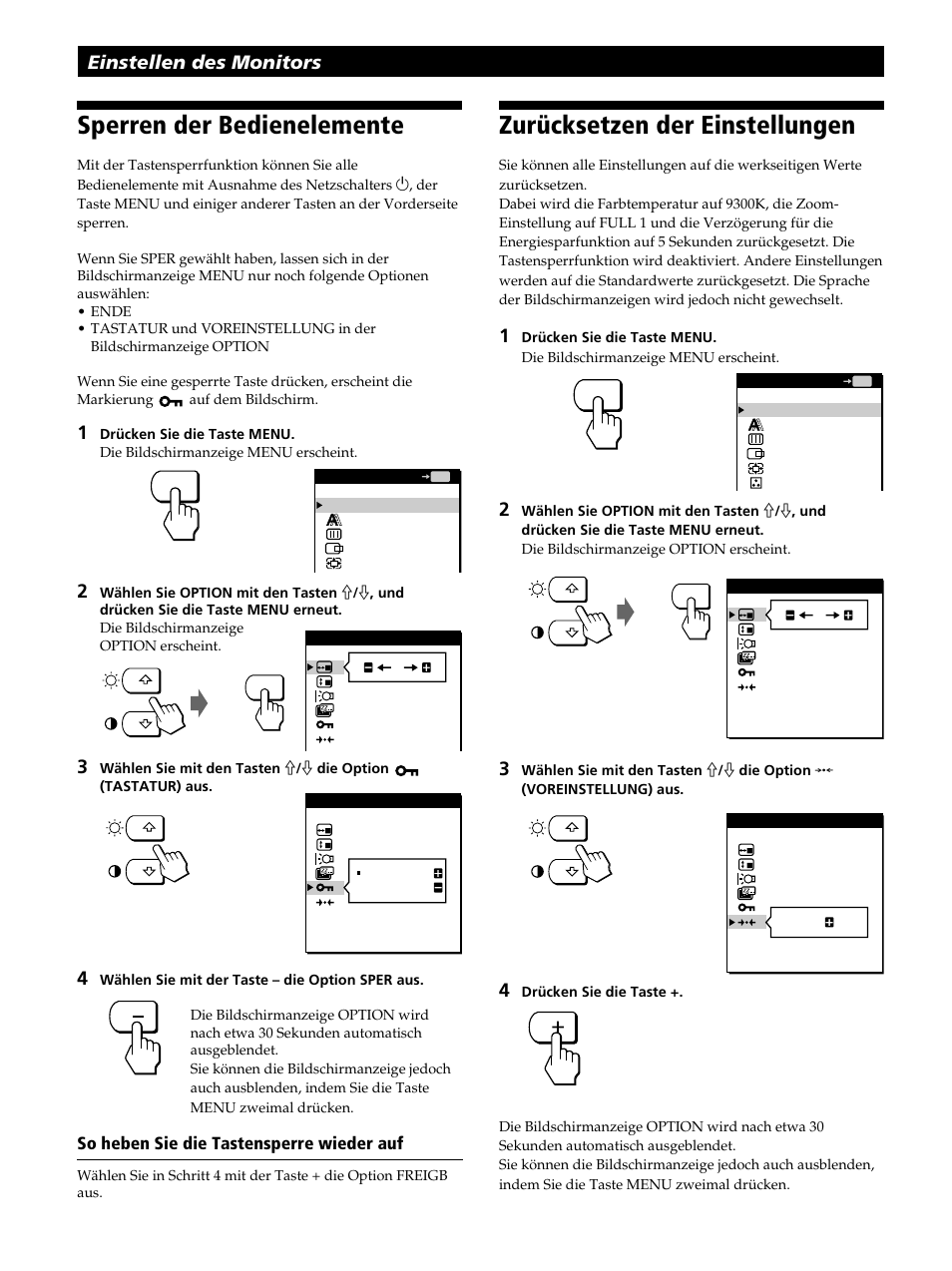 Sperren der bedienelemente, Zurücksetzen der einstellungen, Einstellen des monitors | Sony CPD-L181 User Manual | Page 52 / 96