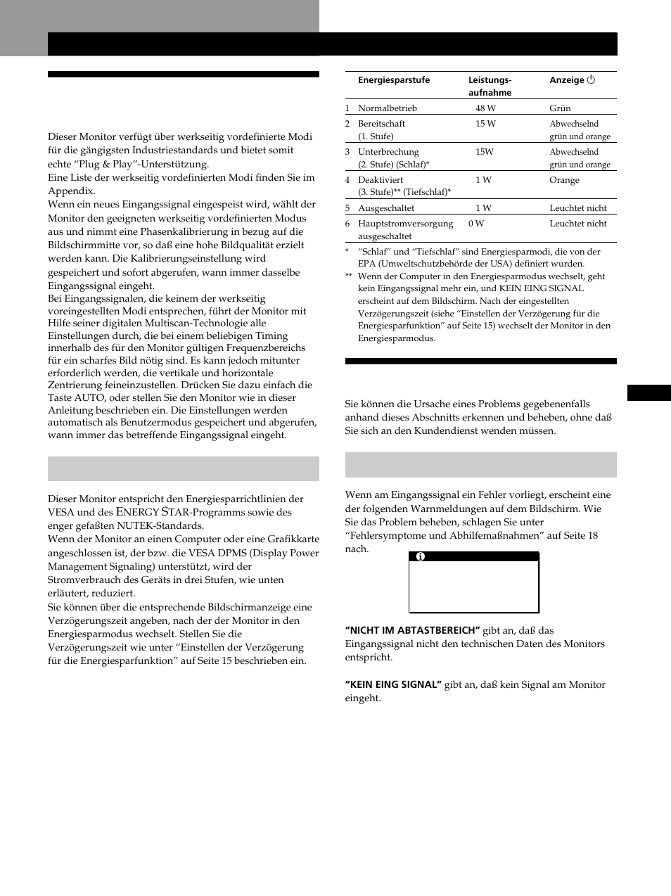 Vordefinierte modi und benutzermodi, Störungsbehebung, Weitere informationen | Energiesparfunktion, Bildschirmmeldungen | Sony CPD-L181 User Manual | Page 53 / 96