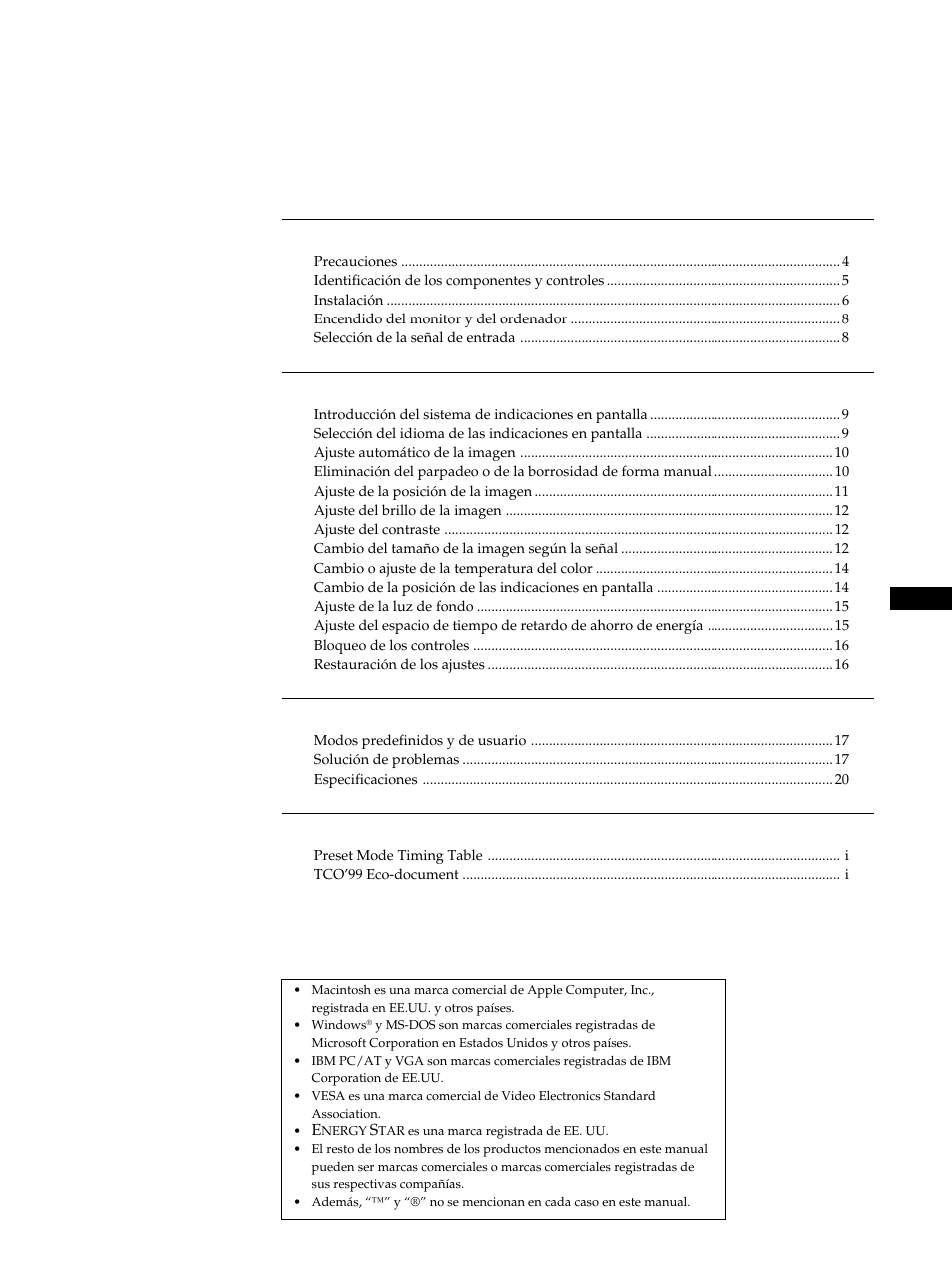 Índice, Ndice, Procedimientos iniciales | Personalización del monitor, Información complementaria, Appendix | Sony CPD-L181 User Manual | Page 57 / 96