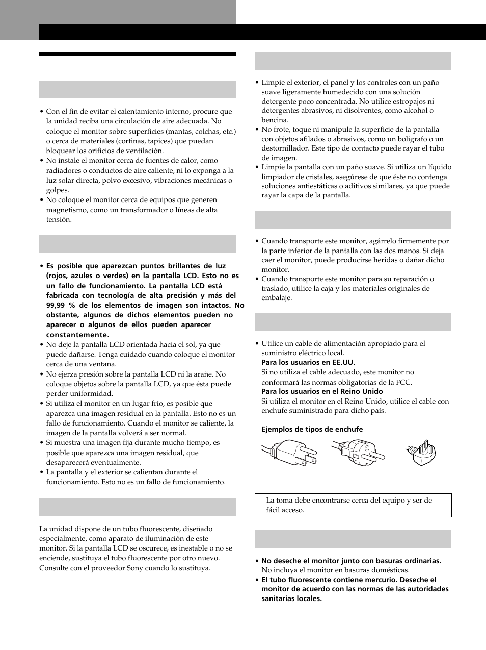 Precauciones, Procedimientos iniciales, Procedimientos iniciales mantenimiento | Transporte, Aviso sobre la conexión de la alimentación, Desecho del monitor, Instalación, Manejo de la pantalla lcd, Sustitución del tubo fluorescente | Sony CPD-L181 User Manual | Page 58 / 96