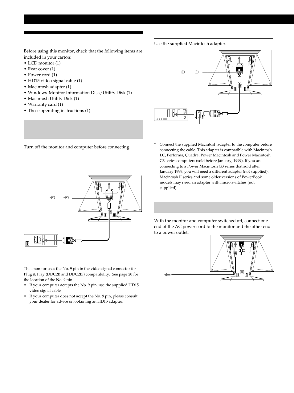 Setup, Installation, Anschließen des geräts | Instalación, Installazione, Getting started, Step 1: connect the monitor to the computer, Step 2: connect the power cord | Sony CPD-L181 User Manual | Page 6 / 96