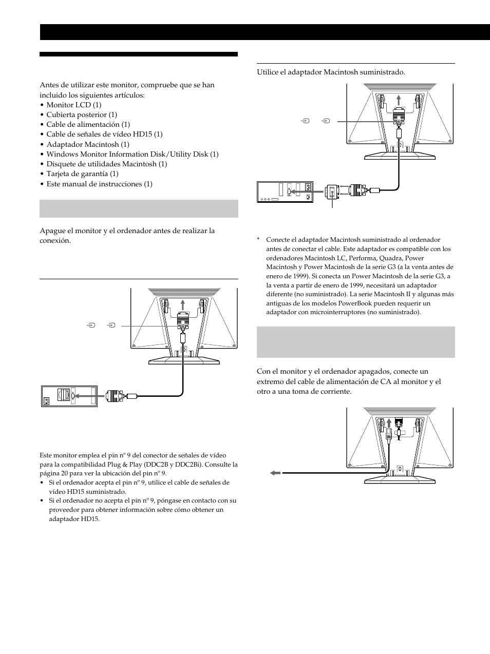 Instalación, Procedimientos iniciales, Paso 1: conexión del monitor al ordenador | Paso 2: conexión del cable de alimentación | Sony CPD-L181 User Manual | Page 60 / 96