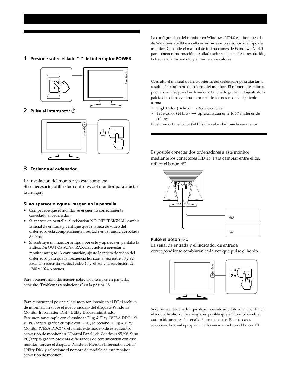 Encendido del monitor y del ordenador, Selección de la señal de entrada, Procedimientos iniciales | Sony CPD-L181 User Manual | Page 62 / 96