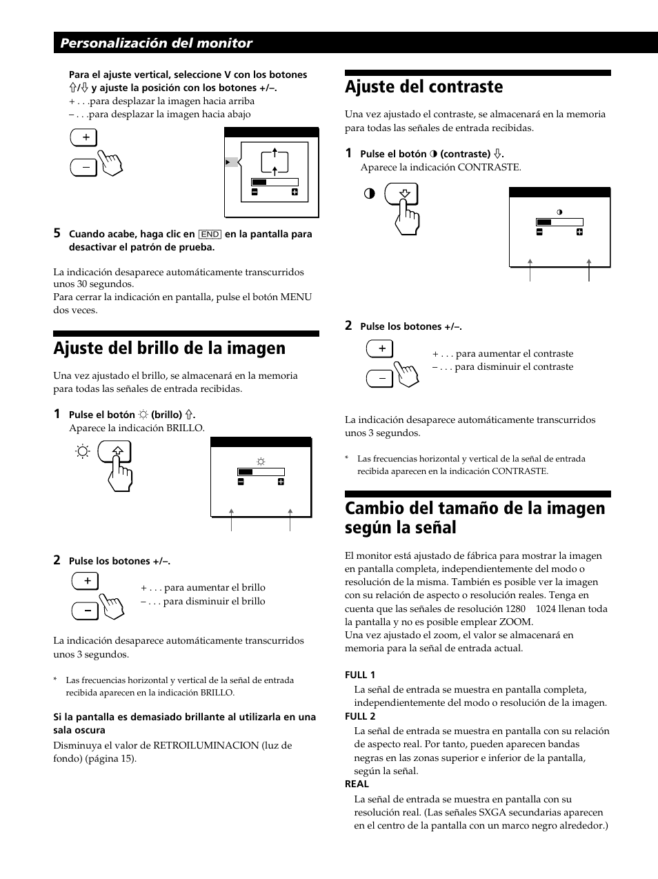 Ajuste del brillo de la imagen, Ajuste del contraste, Cambio del tamaño de la imagen según la señal | Personalización del monitor | Sony CPD-L181 User Manual | Page 66 / 96