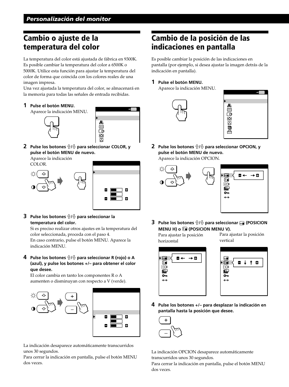 Cambio o ajuste de la temperatura del color, Personalización del monitor | Sony CPD-L181 User Manual | Page 68 / 96