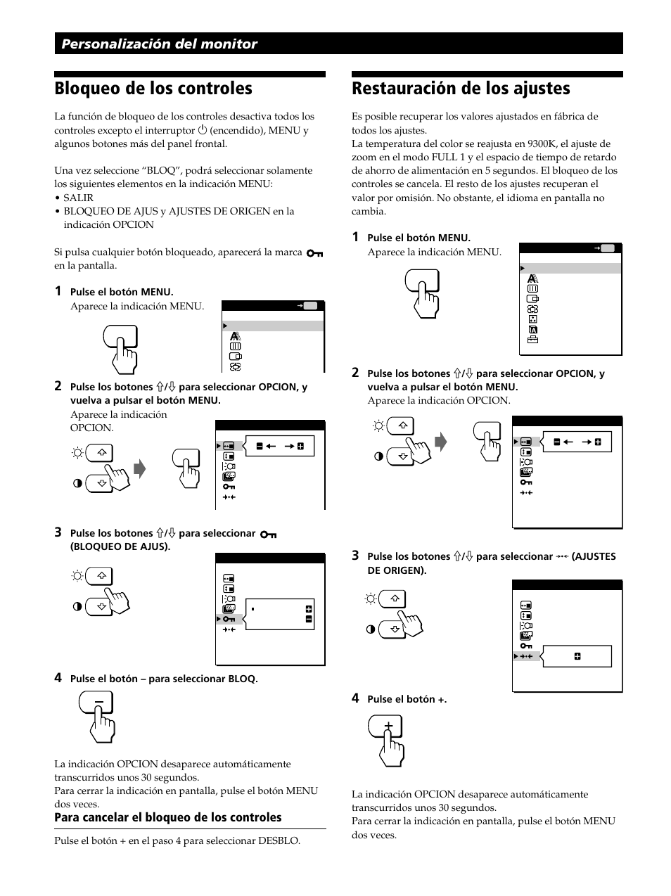 Bloqueo de los controles, Restauración de los ajustes, Personalización del monitor | Sony CPD-L181 User Manual | Page 70 / 96