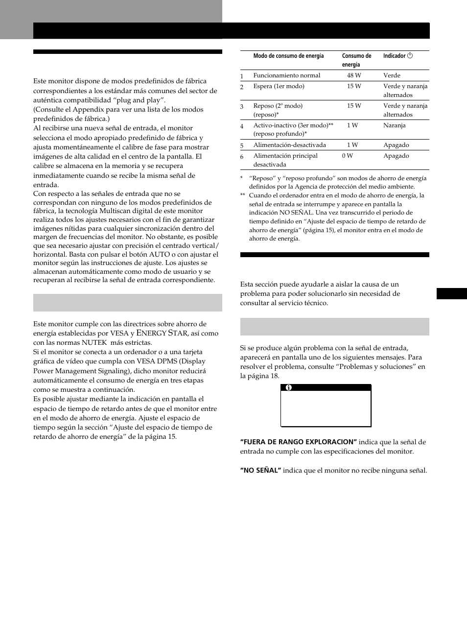 Modos predefinidos y de usuario, Solución de problemas, Información complementaria | Función de ahorro de energía, Mensajes en pantalla | Sony CPD-L181 User Manual | Page 71 / 96