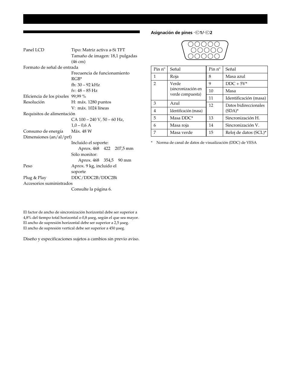 Especificaciones, Información complementaria | Sony CPD-L181 User Manual | Page 74 / 96