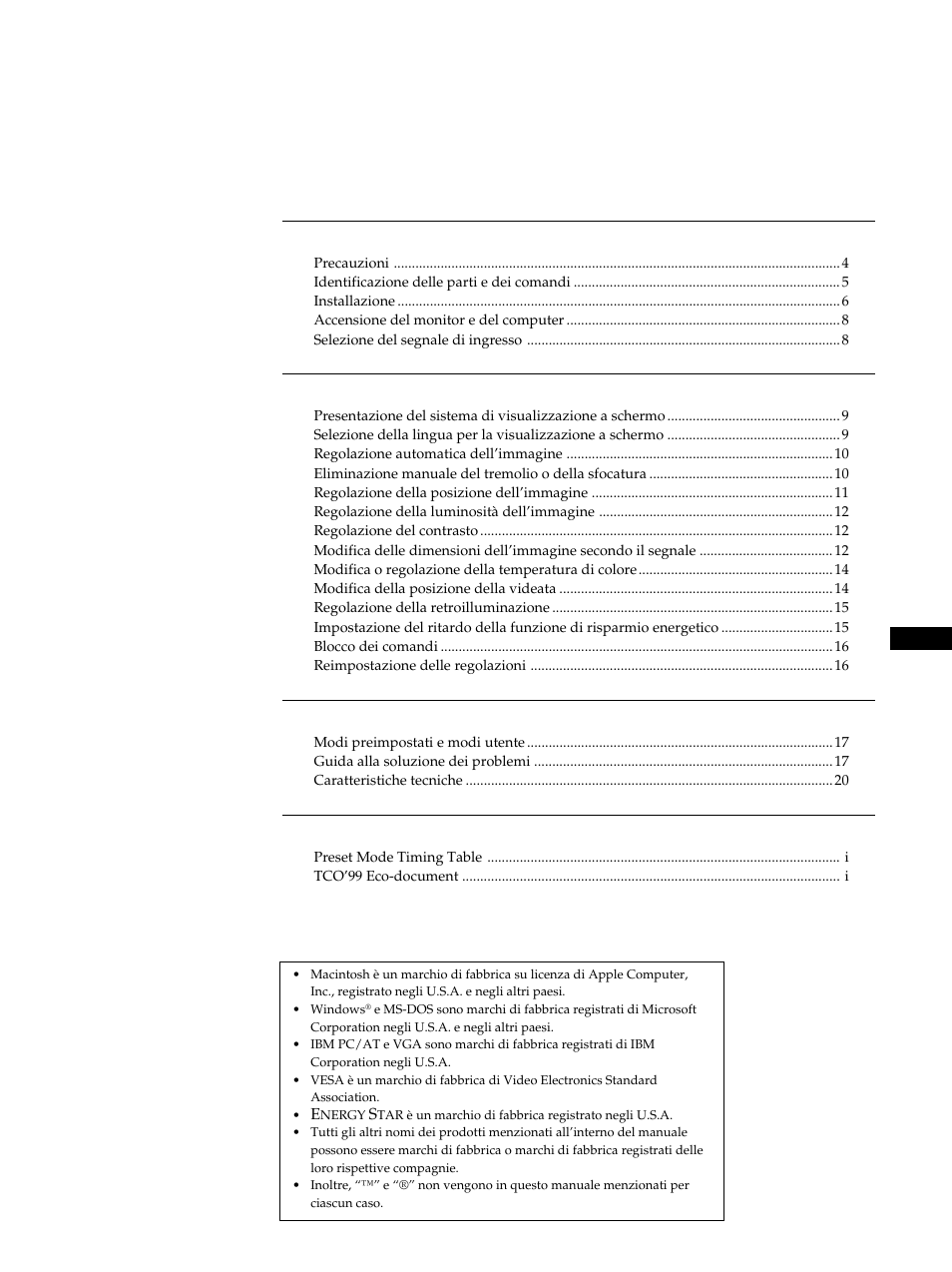 Indice, Operazioni preliminari, Personalizzazione del monitor | Informazioni aggiuntive, Appendix | Sony CPD-L181 User Manual | Page 75 / 96