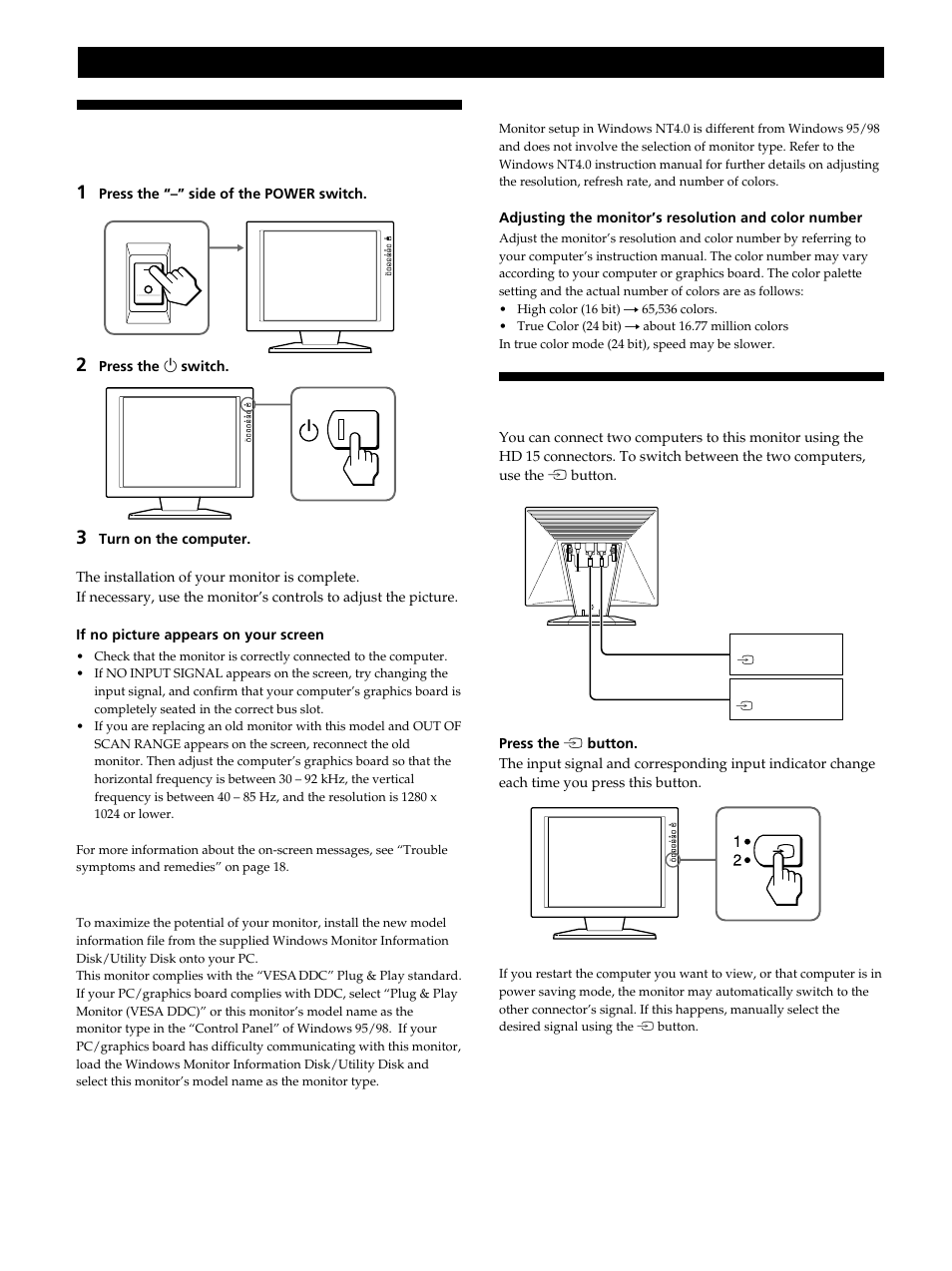 Turning on the monitor and computer, Selecting the input signal, Mise sous tension du moniteur et de l’ordinateur | Sélection du signal d’entrée, Einschalten des monitors und des computers, Auswählen des eingangssignals, Encendido del monitor y del ordenador, Selección de la señal de entrada, Accensione del monitor e del computer, Selezione del segnale di ingresso | Sony CPD-L181 User Manual | Page 8 / 96