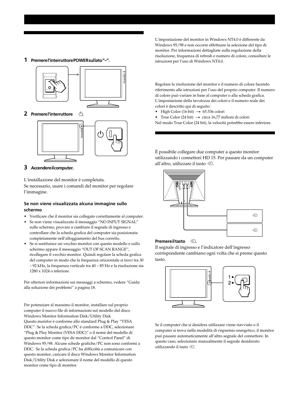 Accensione del monitor e del computer, Selezione del segnale di ingresso, Operazioni preliminari | Sony CPD-L181 User Manual | Page 80 / 96