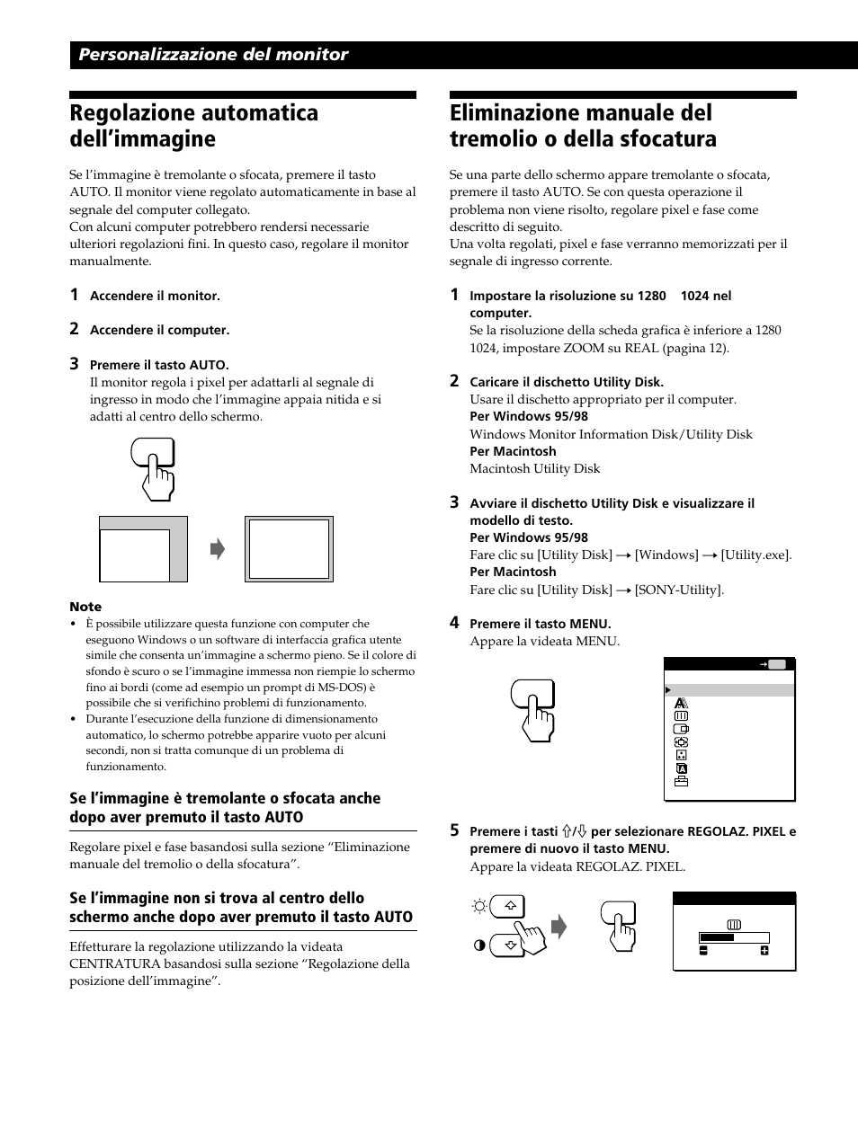 Regolazione automatica dell’immagine, Personalizzazione del monitor | Sony CPD-L181 User Manual | Page 82 / 96