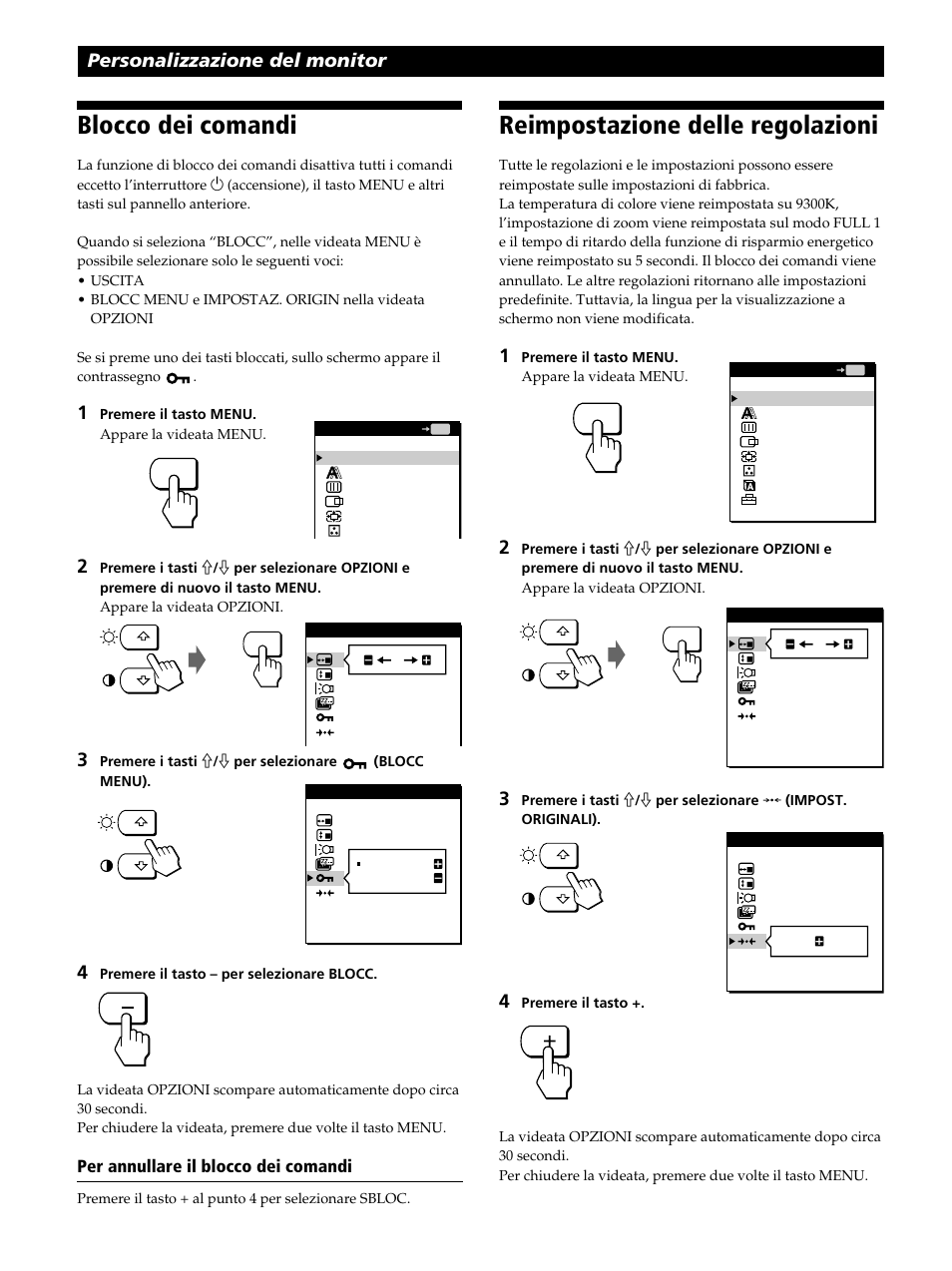 Blocco dei comandi, Reimpostazione delle regolazioni, Personalizzazione del monitor | Sony CPD-L181 User Manual | Page 88 / 96