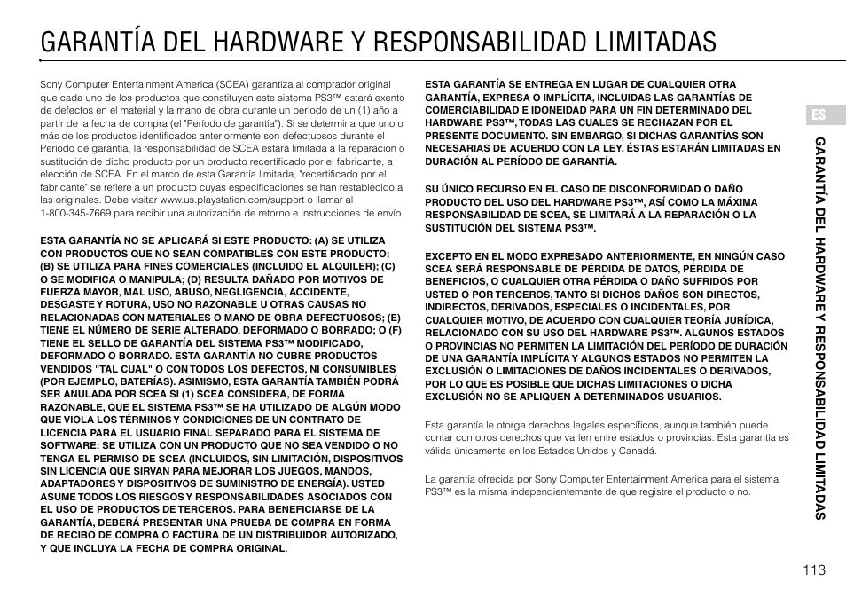 Garantía.del.hardware.y.responsabilidad, Limitadas, Garantía del hardware y responsabilidad limitadas | Sony 160GB Playstation 3 4-198-819-12 User Manual | Page 113 / 120