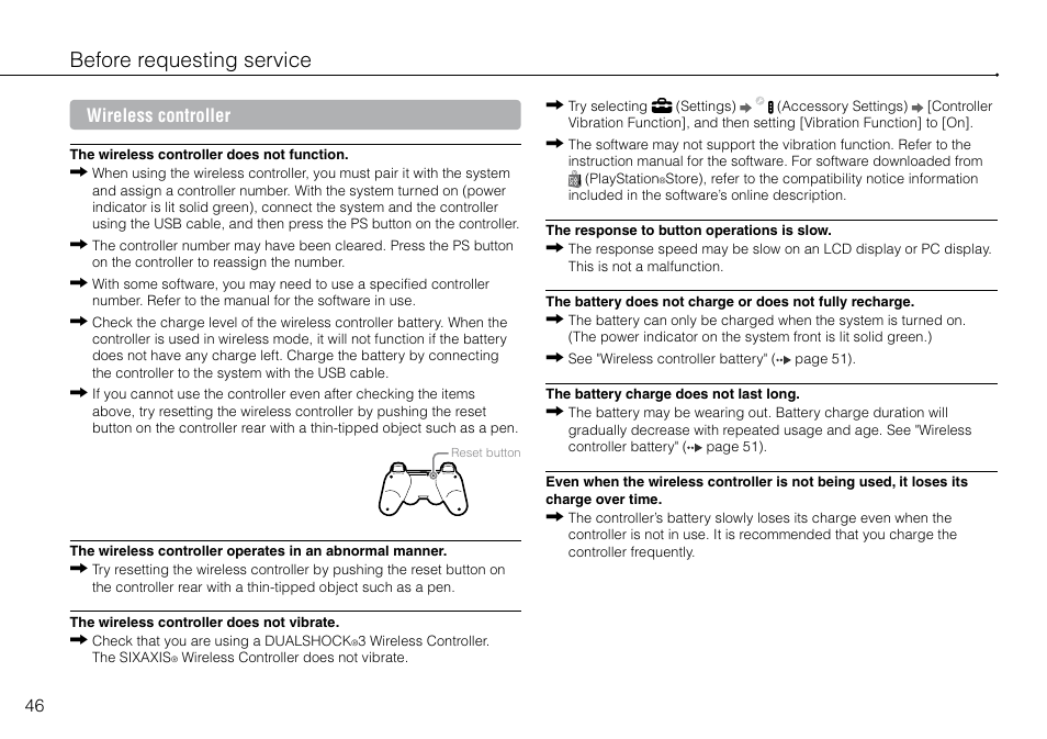 Before requesting service, Wireless controller | Sony 160GB Playstation 3 4-198-819-12 User Manual | Page 46 / 120