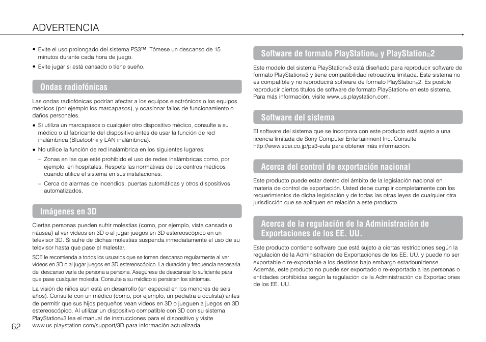 Advertencia, Ondas radiofónicas, Imágenes en 3d | Software de formato playstation, Y playstation, Software del sistema, Acerca del control de exportación nacional | Sony 160GB Playstation 3 4-198-819-12 User Manual | Page 62 / 120