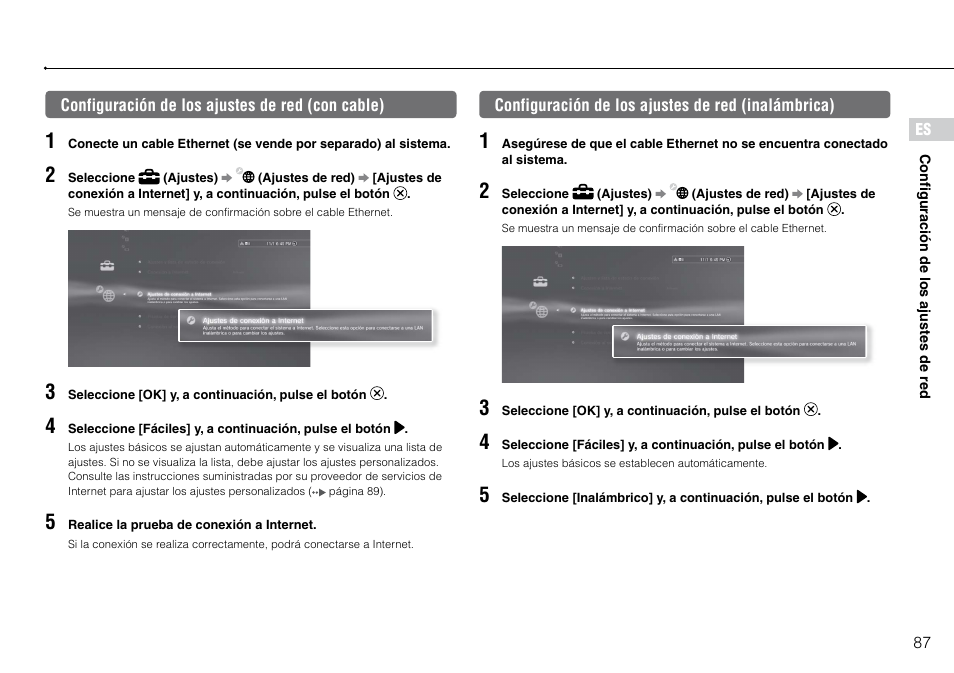 Configuración.de.los.ajustes.de.red.(con.cable), Configuración.de.los.ajustes.de.red.(inalámbrica) | Sony 160GB Playstation 3 4-198-819-12 User Manual | Page 87 / 120