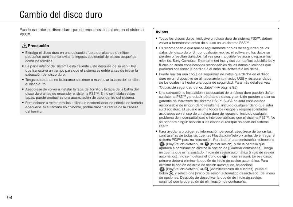 Cambio.del.disco.duro, Cambio del disco duro | Sony 160GB Playstation 3 4-198-819-12 User Manual | Page 94 / 120