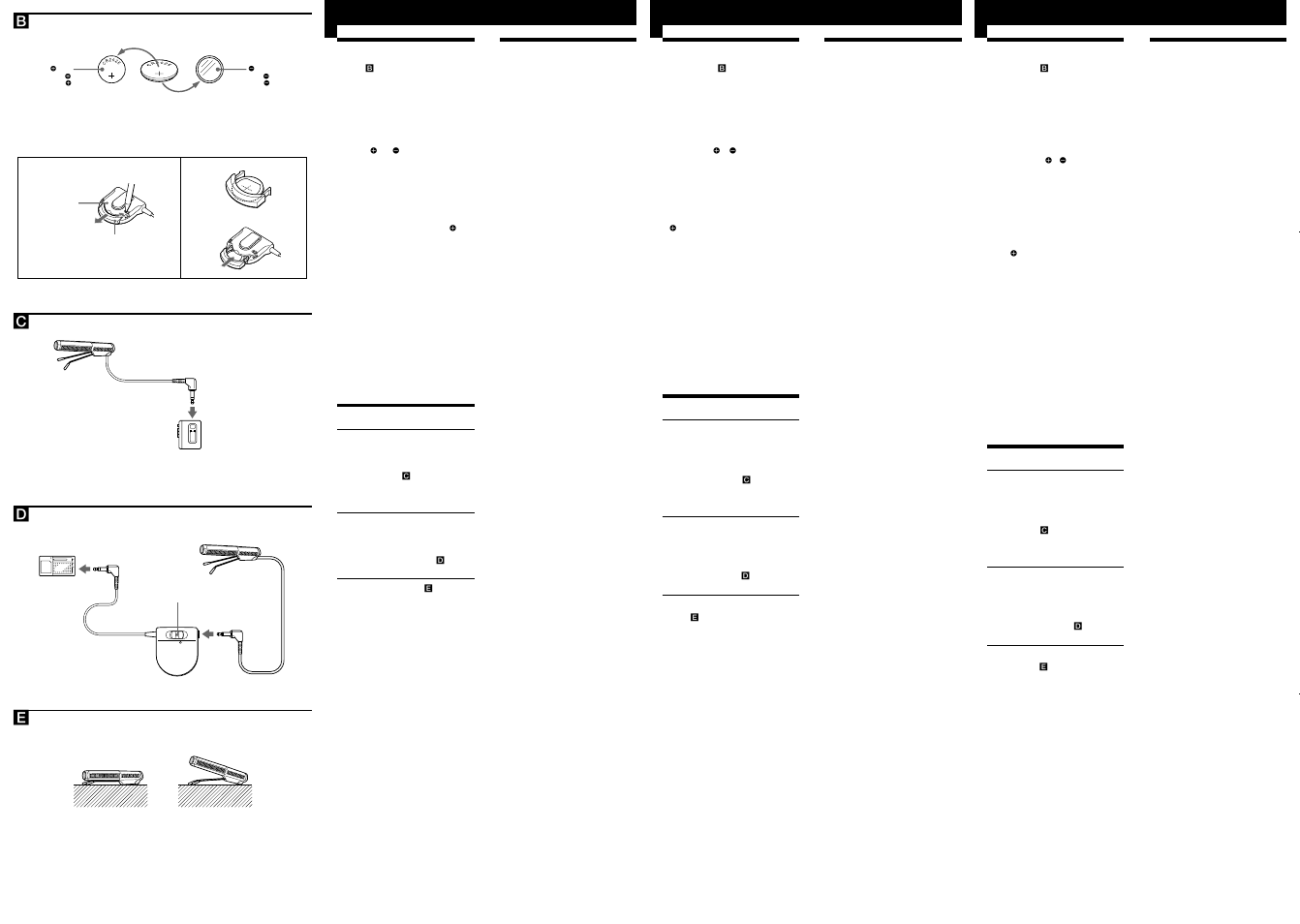 Installing the battery, Connection, Specifications | Mise en place de la pile, Raccordement, Spécifications, Bc d e 3 1 2, Instalación de la pila, Conexión, Especificaciones | Sony ECM Z60 User Manual | Page 2 / 2