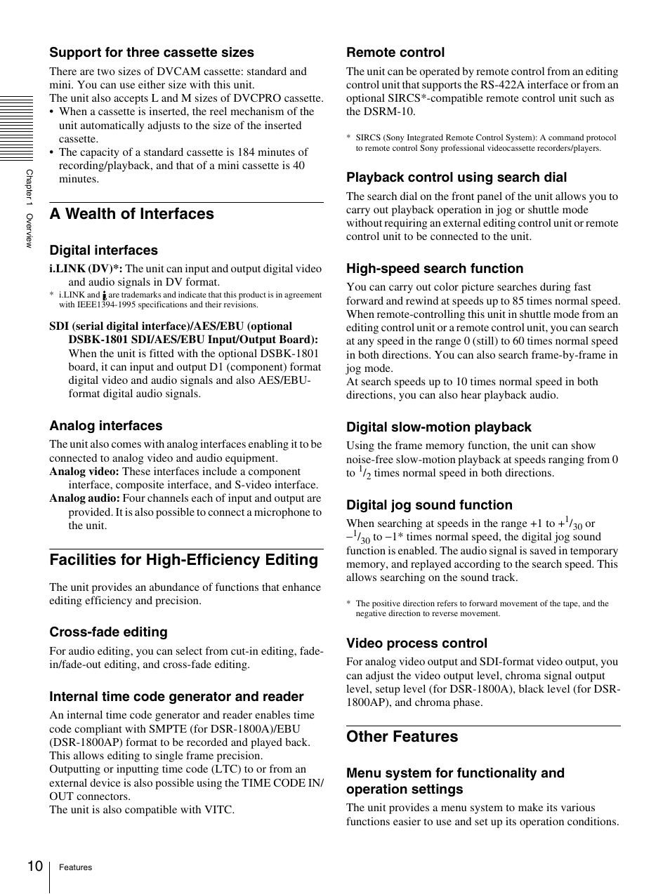 A wealth of interfaces, Facilities for high-efficiency editing, Other features | Sony DSR-1800AP User Manual | Page 10 / 112