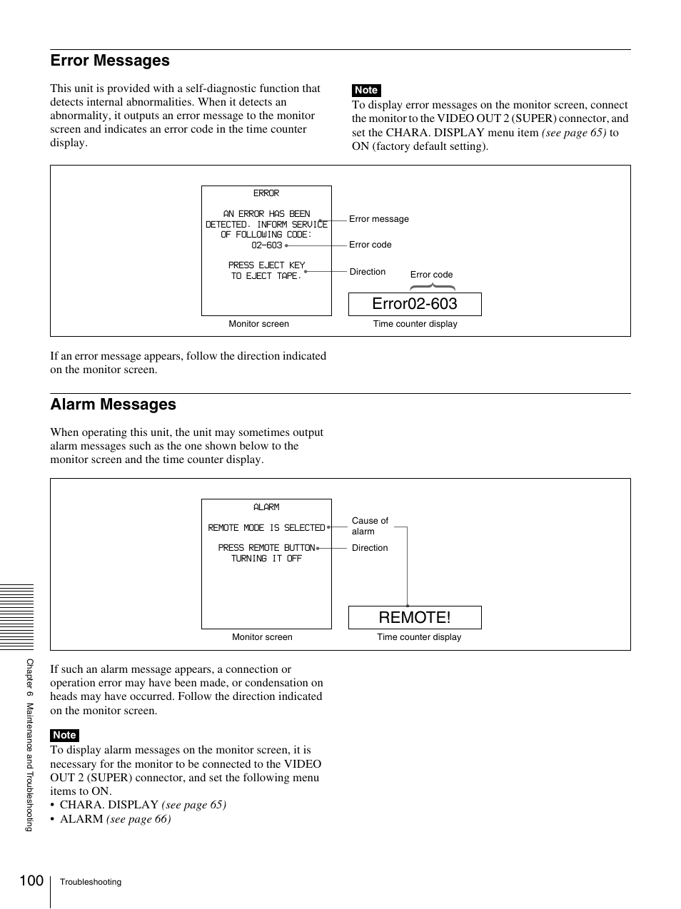 Error messages, Alarm messages, Error messages alarm messages | Remote | Sony DSR-1800AP User Manual | Page 100 / 112