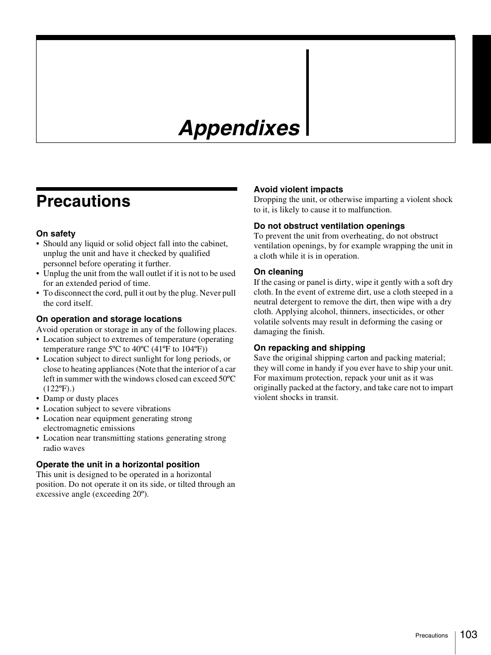 Appendixes, Precautions | Sony DSR-1800AP User Manual | Page 103 / 112