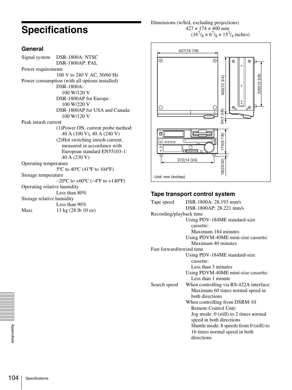 Specifications, General, Tape transport control system | Sony DSR-1800AP User Manual | Page 104 / 112