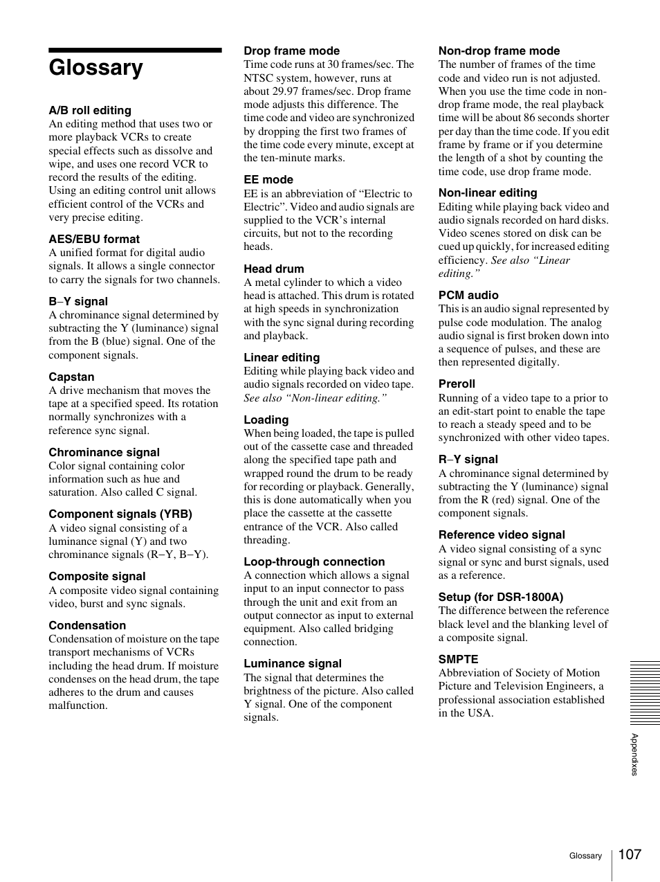 Glossary | Sony DSR-1800AP User Manual | Page 107 / 112