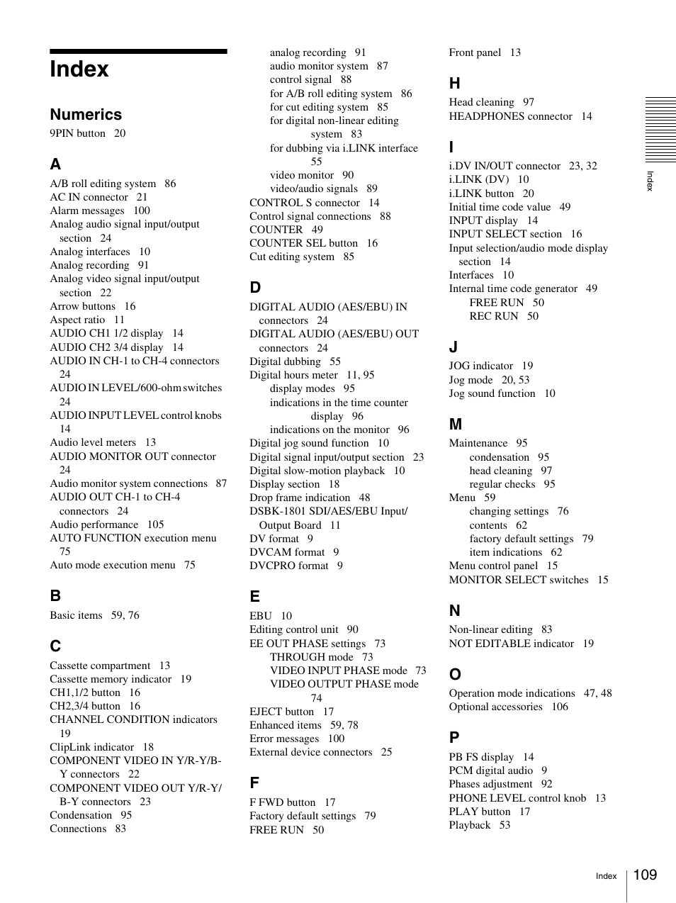 Index, Numerics | Sony DSR-1800AP User Manual | Page 109 / 112