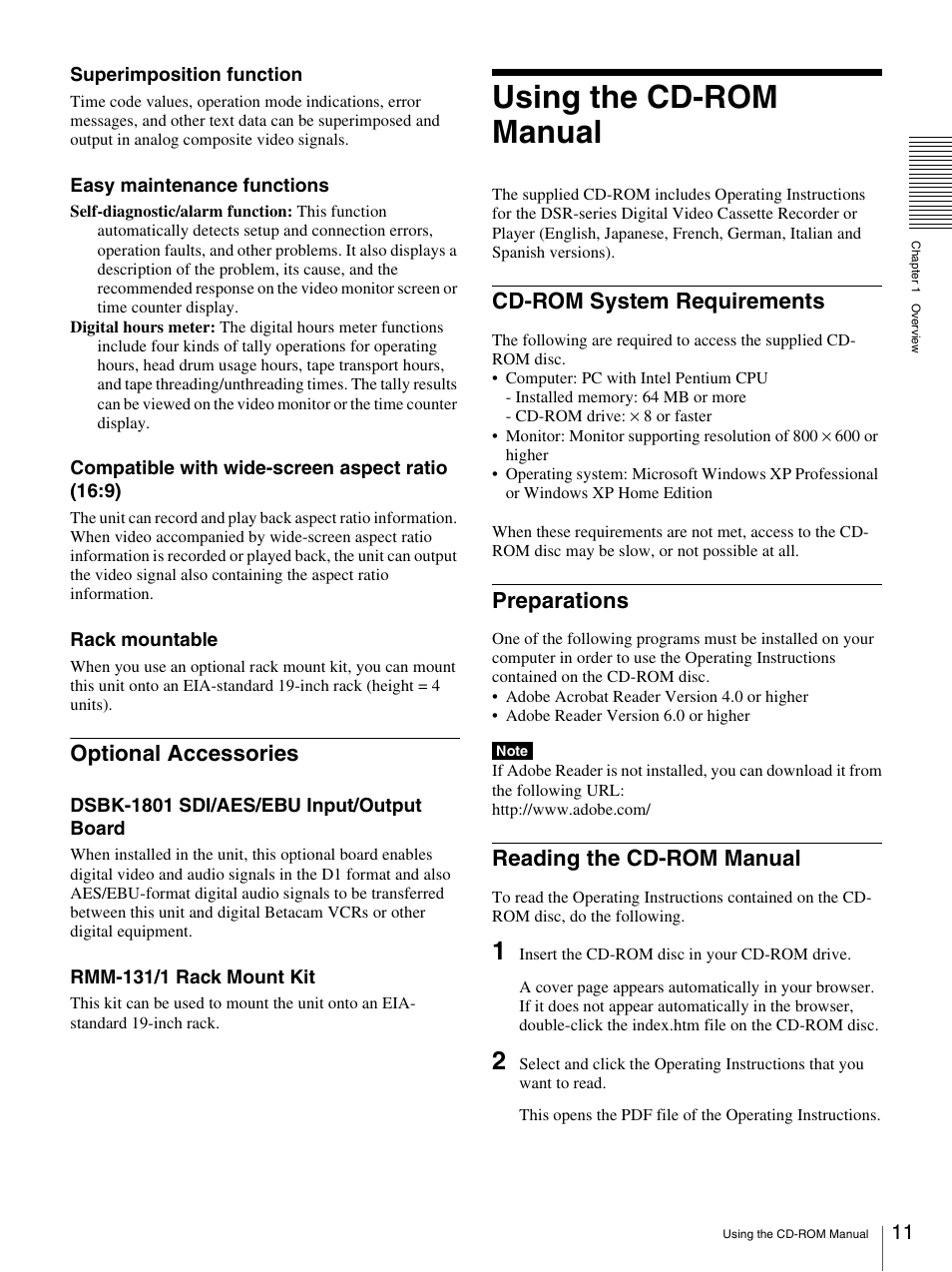 Optional accessories, Using the cd-rom manual, Cd-rom system requirements | Preparations, Reading the cd-rom manual | Sony DSR-1800AP User Manual | Page 11 / 112