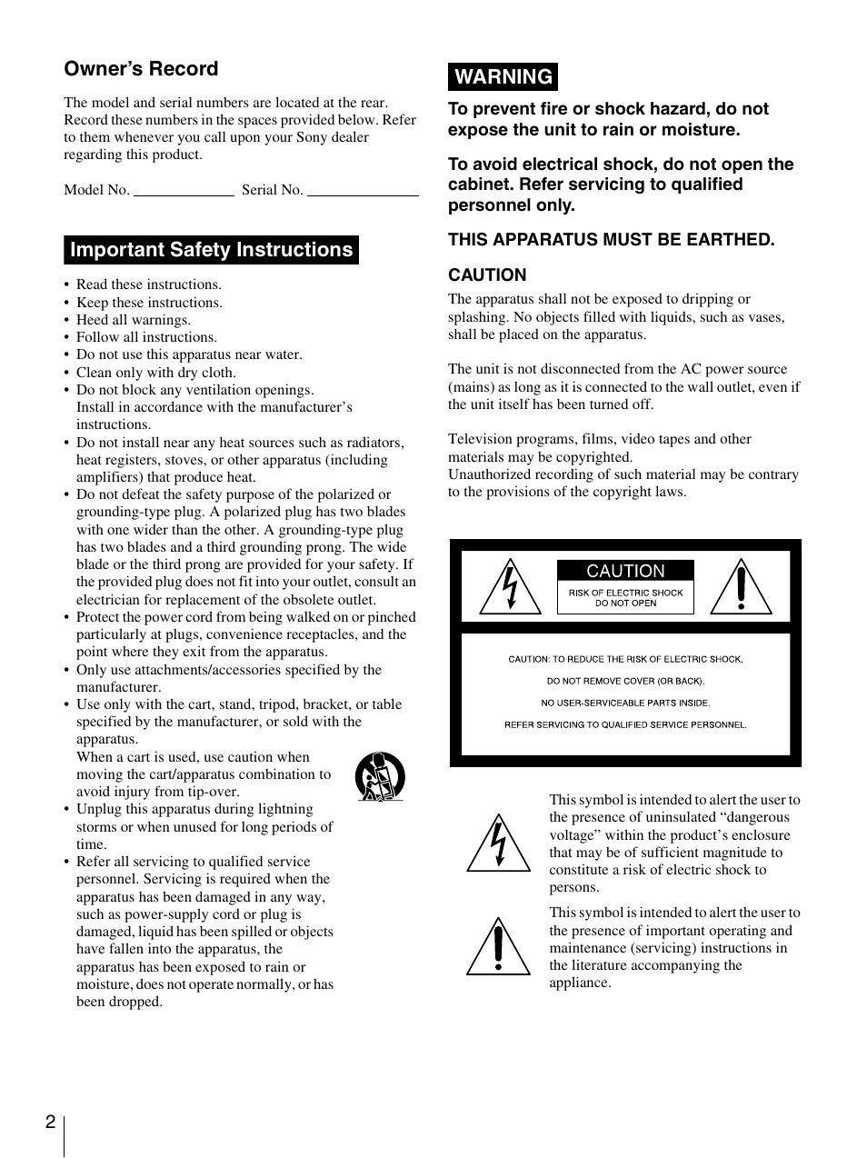 Owner’s record, Important safety instructions, Warning | Sony DSR-1800AP User Manual | Page 2 / 112