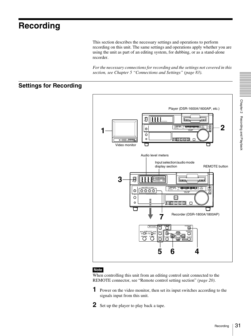 Recording, Settings for recording | Sony DSR-1800AP User Manual | Page 31 / 112