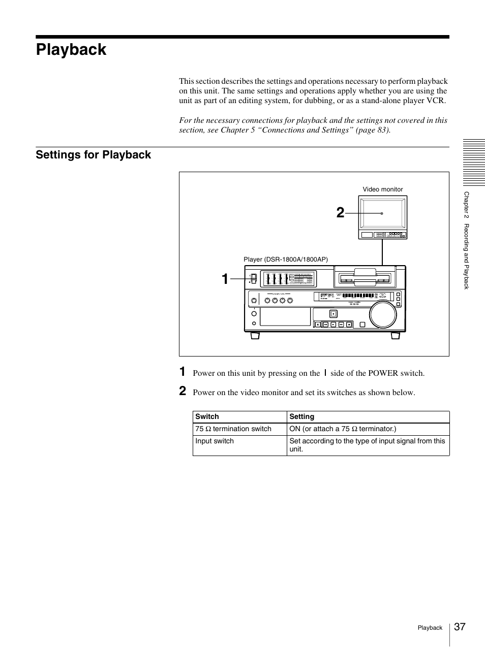 Playback, Settings for playback | Sony DSR-1800AP User Manual | Page 37 / 112