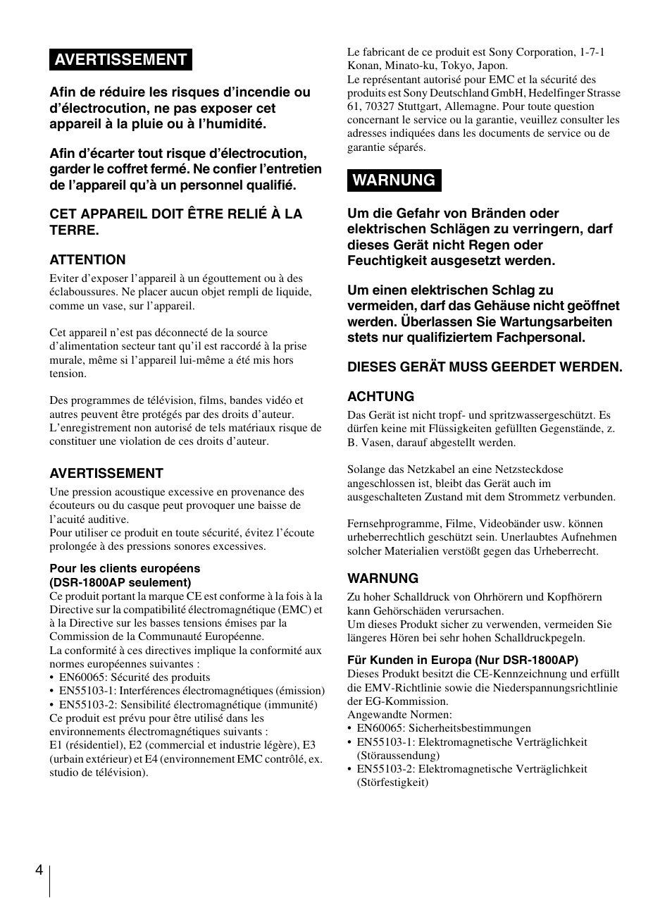 Avertissement warnung | Sony DSR-1800AP User Manual | Page 4 / 112