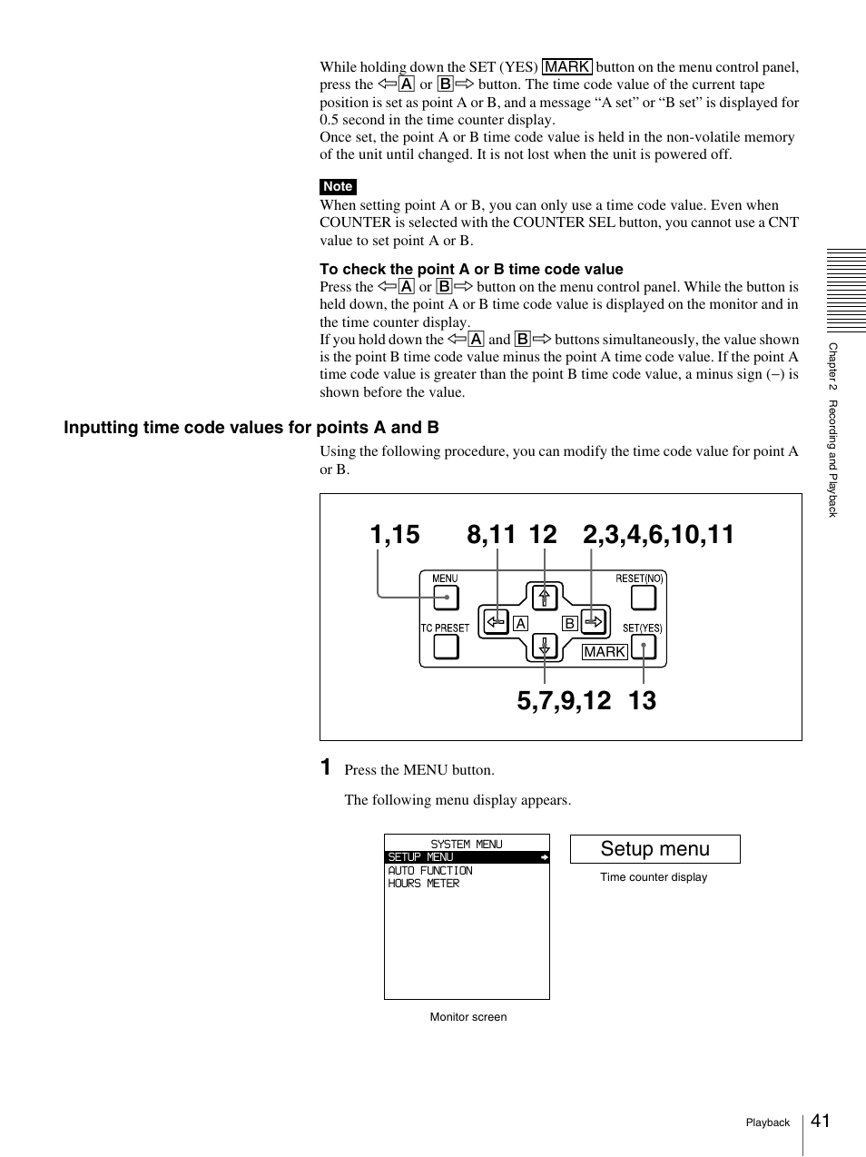 Setup menu, Inputting time code values for points a and b | Sony DSR-1800AP User Manual | Page 41 / 112