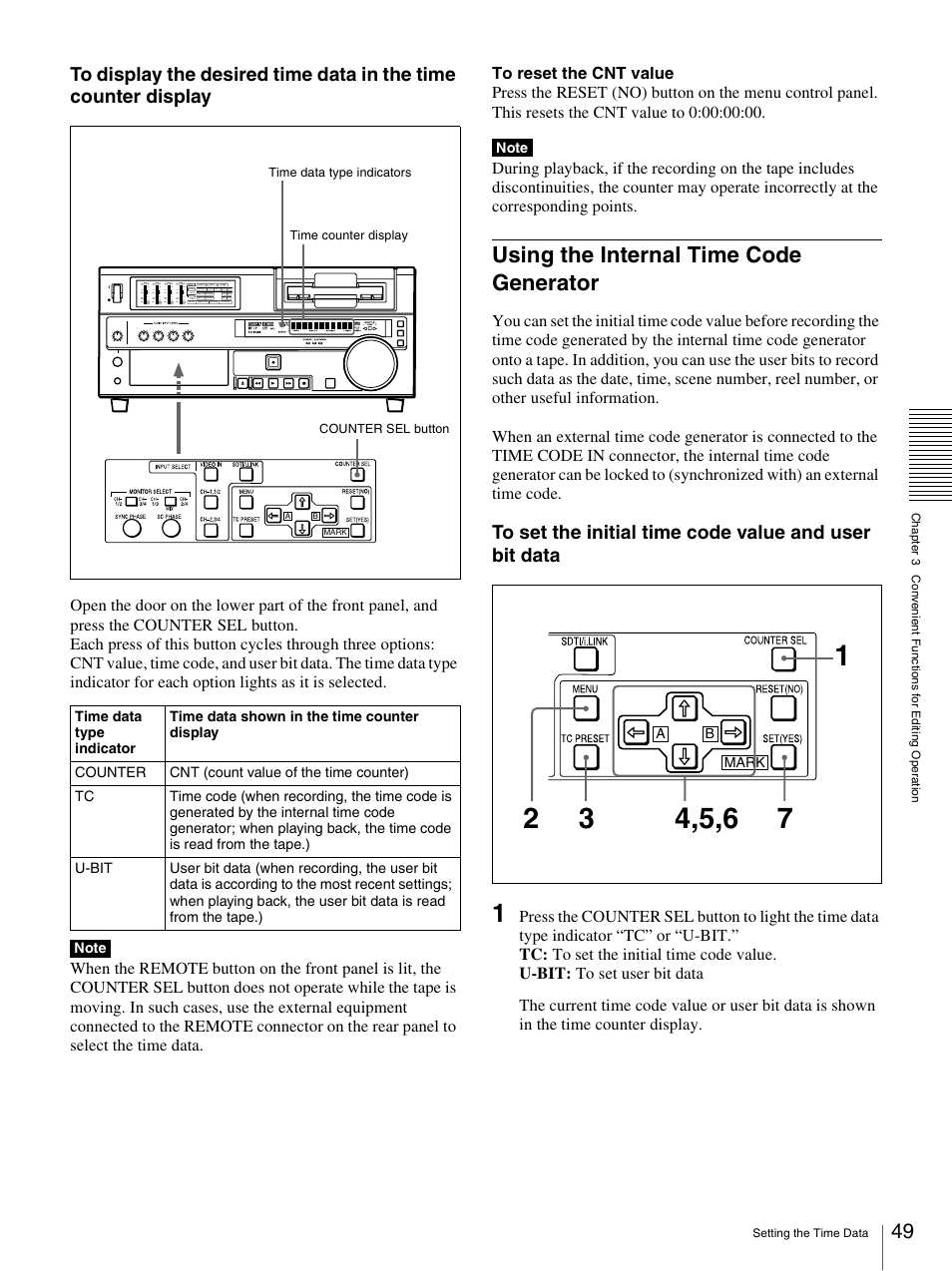 Using the internal time code generator | Sony DSR-1800AP User Manual | Page 49 / 112