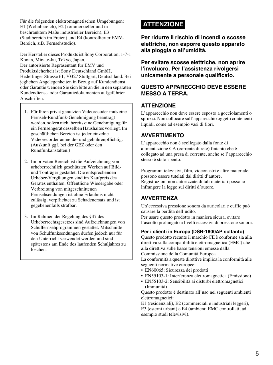 Attenzione | Sony DSR-1800AP User Manual | Page 5 / 112